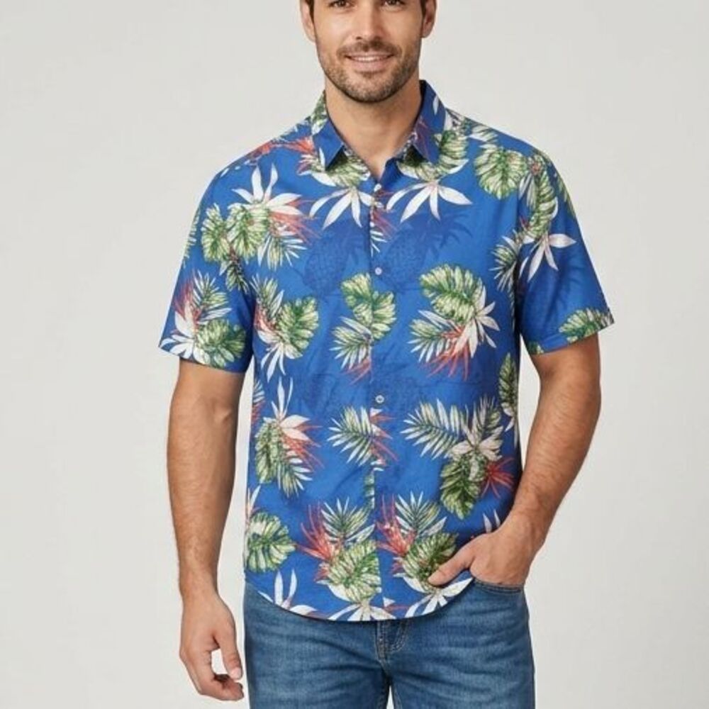 Cubavera Hawaiian Linen Shirt Mens Large Blue Tropical Floral Short Sleeve - Picture 1 of 8